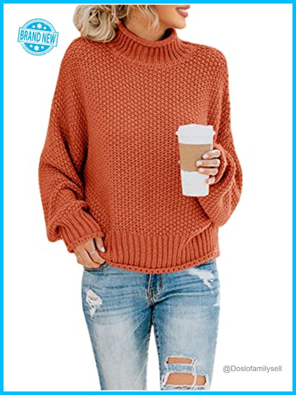 Turtleneck Oversized Sweater Batwing Long Sleeve Chunky Knit Acrylic Polyester